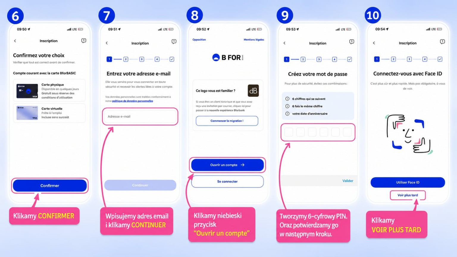 BforBank — potwierdzenie karty, własny e-mail, PIN i ustawienia Face ID